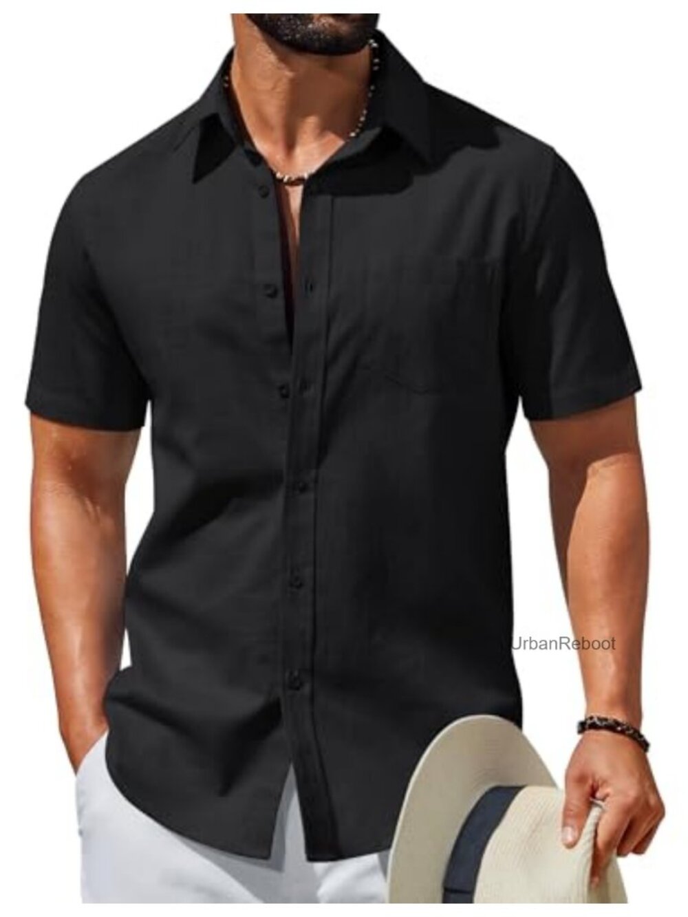 Men's Short Sleeve Button Down Shirt Cotton Lyocell Linen Textured Casual Beach